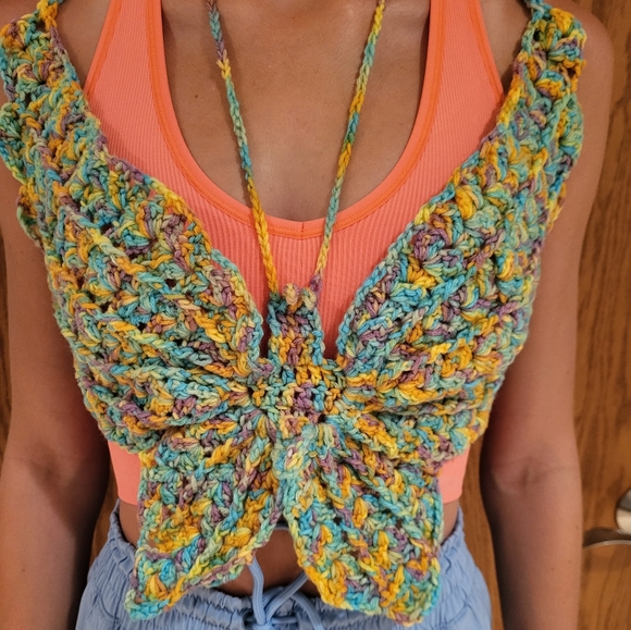 Butterfly top, hand crafted crochet, blue, green, purple NWOT - Picture 16 of 16